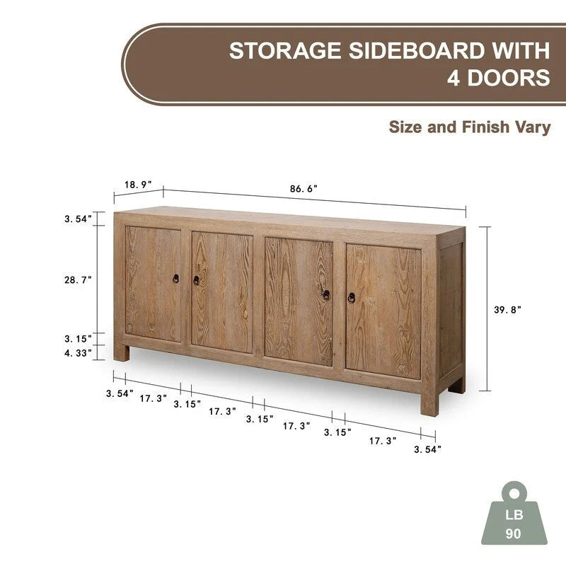 Capri Sideboard With 4 Doors, Weathered Pinewood 86.6x18.9x39.8H