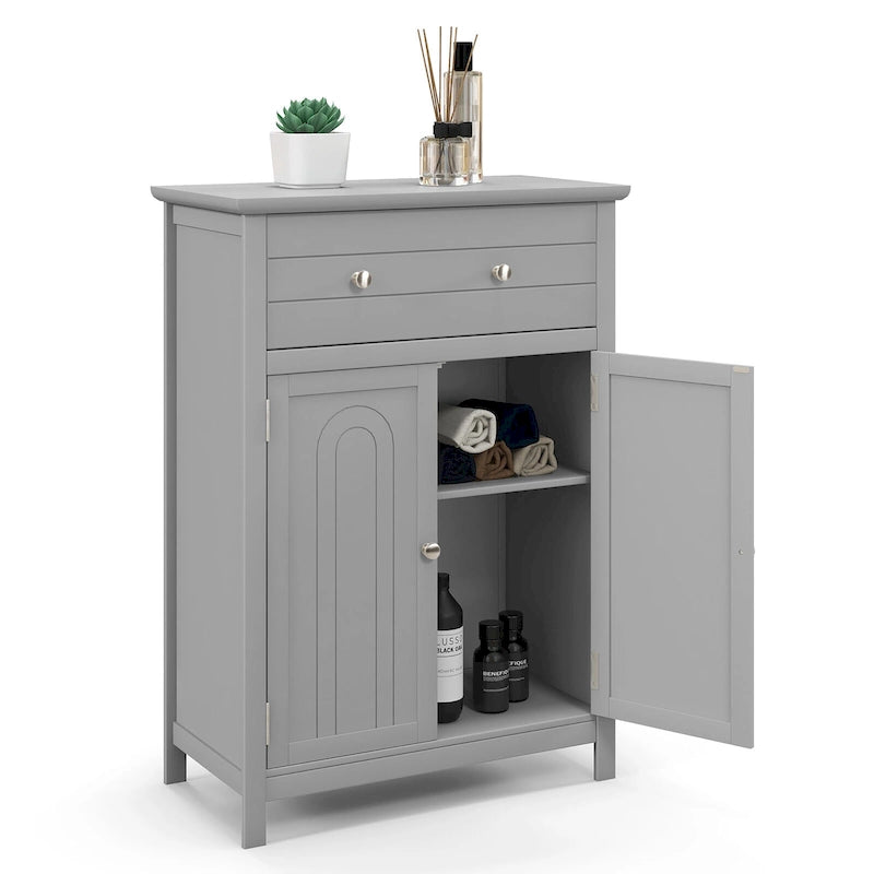 Gymax Bathroom Floor Cabinet Wooden Storage Organizer with Drawer &