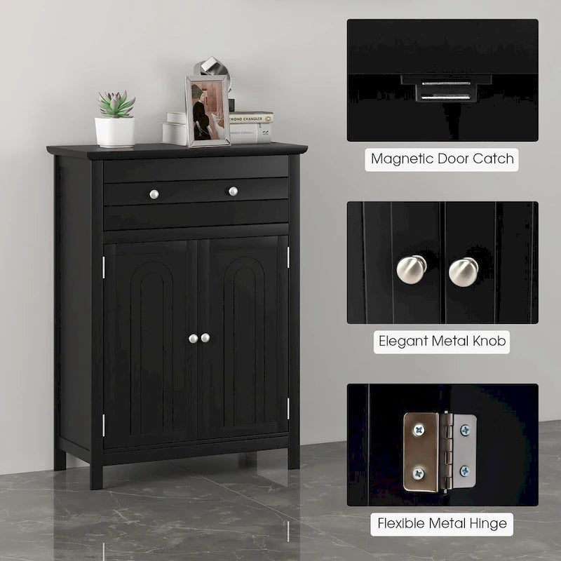 Gymax Bathroom Floor Cabinet Wooden Storage Organizer with Drawer &