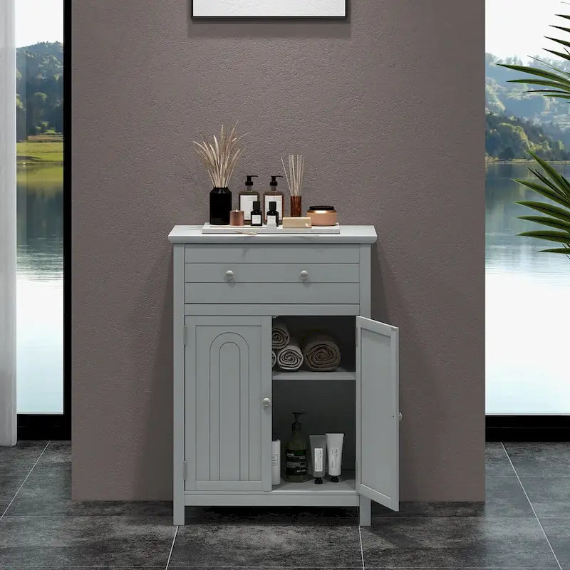 Gymax Bathroom Floor Cabinet Wooden Storage Organizer with Drawer &