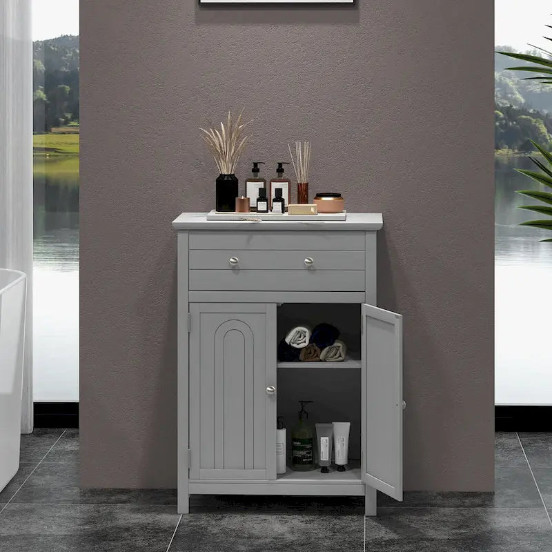 Gymax Bathroom Floor Cabinet Wooden Storage Organizer with Drawer &