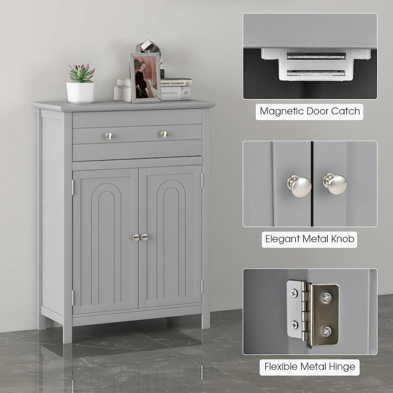 Gymax Bathroom Floor Cabinet Wooden Storage Organizer with Drawer &