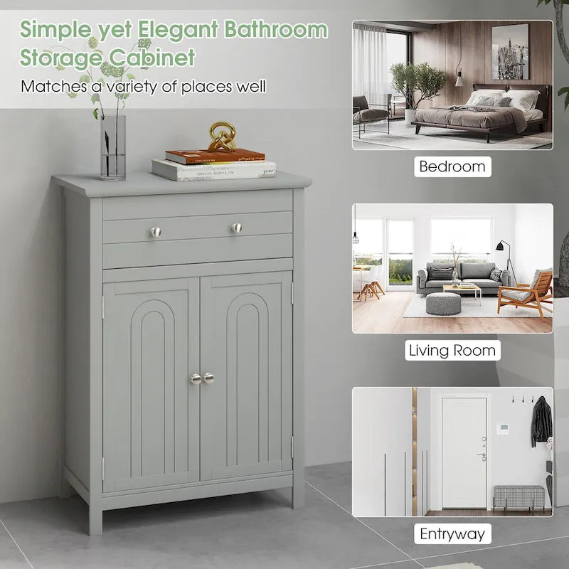 Gymax Bathroom Floor Cabinet Wooden Storage Organizer with Drawer &