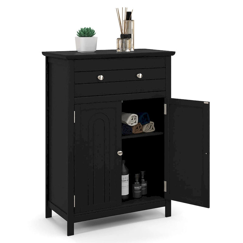 Gymax Bathroom Floor Cabinet Wooden Storage Organizer with Drawer &
