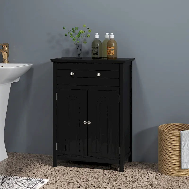 Gymax Bathroom Floor Cabinet Wooden Storage Organizer with Drawer &