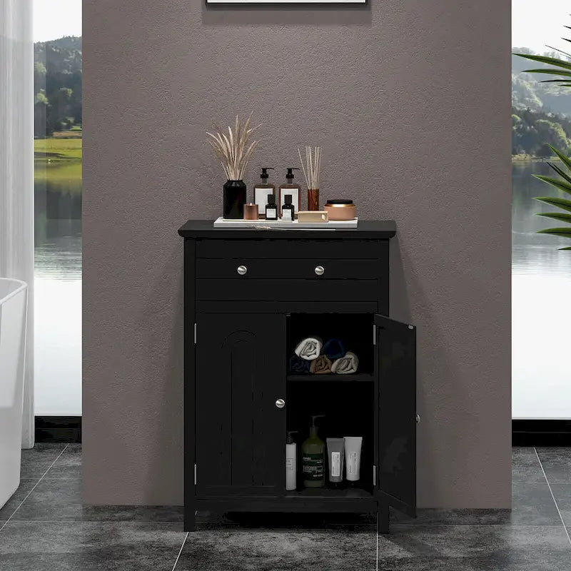 Gymax Bathroom Floor Cabinet Wooden Storage Organizer with Drawer &