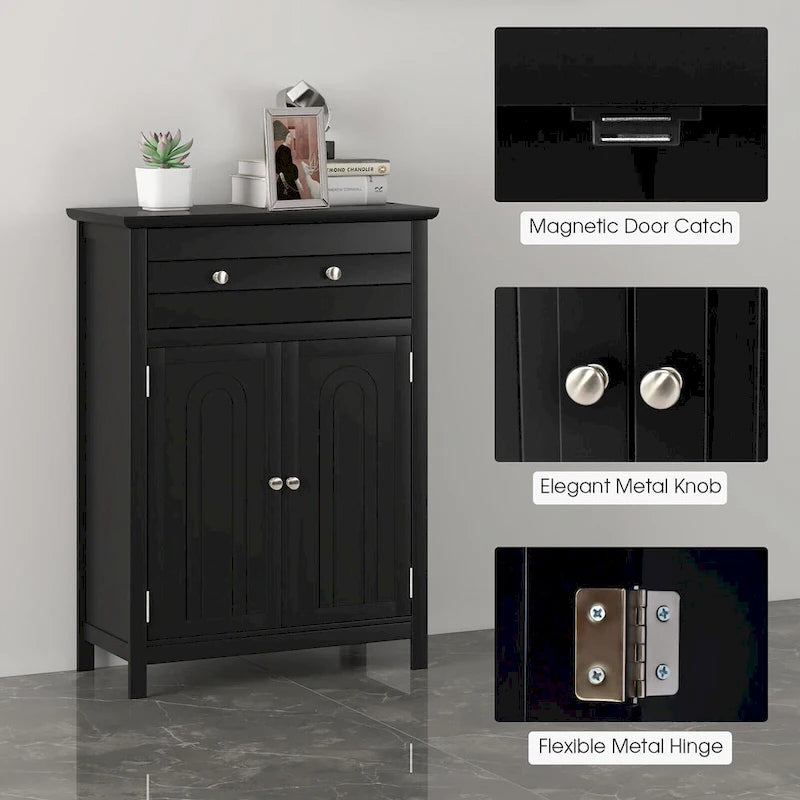 Gymax Bathroom Floor Cabinet Wooden Storage Organizer with Drawer &
