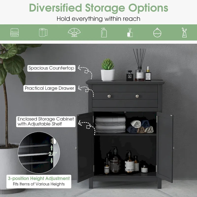 Gymax Bathroom Floor Cabinet Wooden Storage Organizer with Drawer &