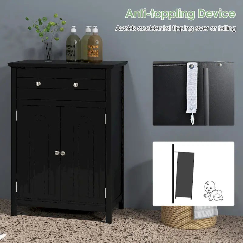 Gymax Bathroom Floor Cabinet Wooden Storage Organizer with Drawer &