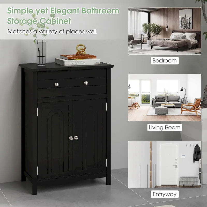 Gymax Bathroom Floor Cabinet Wooden Storage Organizer with Drawer &