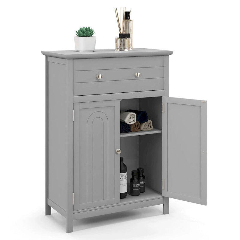 Gymax Bathroom Floor Cabinet Wooden Storage Organizer with Drawer &