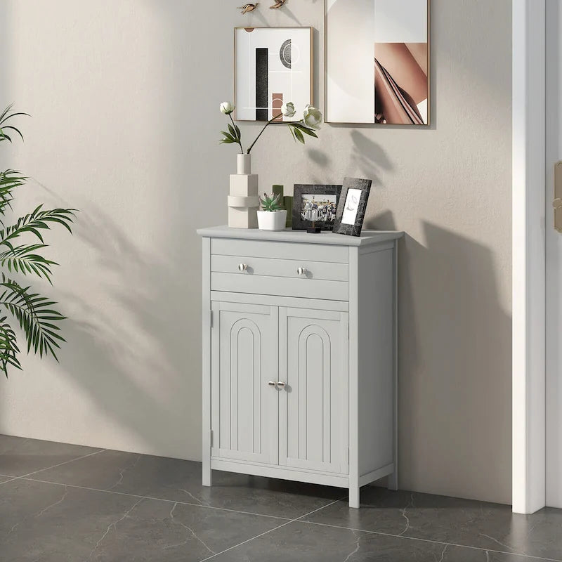 Gymax Bathroom Floor Cabinet Wooden Storage Organizer with Drawer &