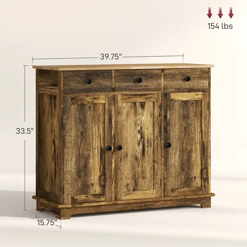 Modern Storage Cabinet with Solid Wood Countertop, 3 Drawers and Adjustable Shelf