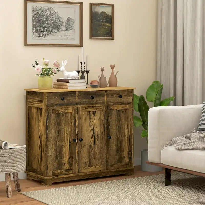 Modern Storage Cabinet with Solid Wood Countertop, 3 Drawers and Adjustable Shelf