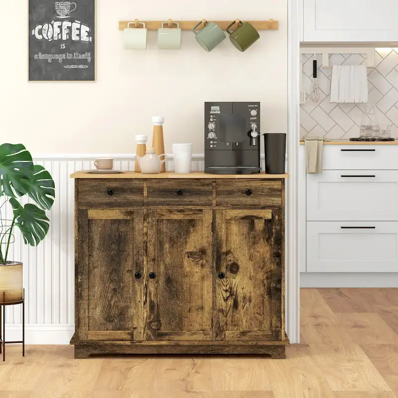 Modern Storage Cabinet with Solid Wood Countertop, 3 Drawers and Adjustable Shelf