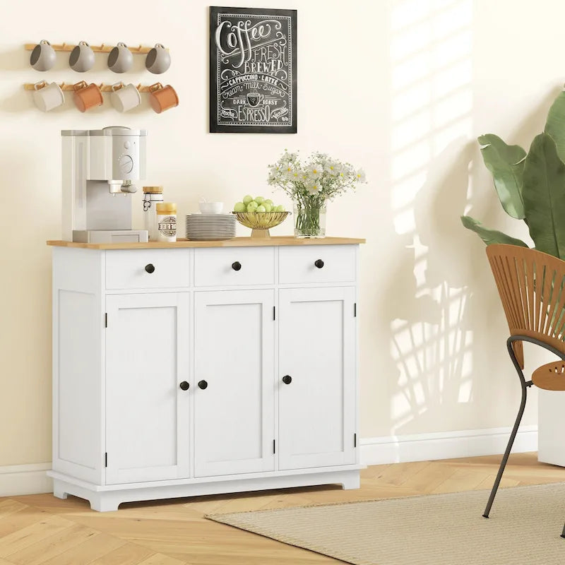 Modern Storage Cabinet with Solid Wood Countertop, 3 Drawers and Adjustable Shelf