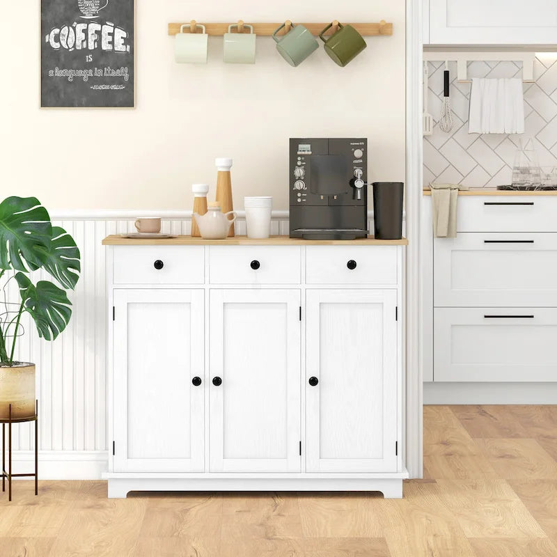 Modern Storage Cabinet with Solid Wood Countertop, 3 Drawers and Adjustable Shelf