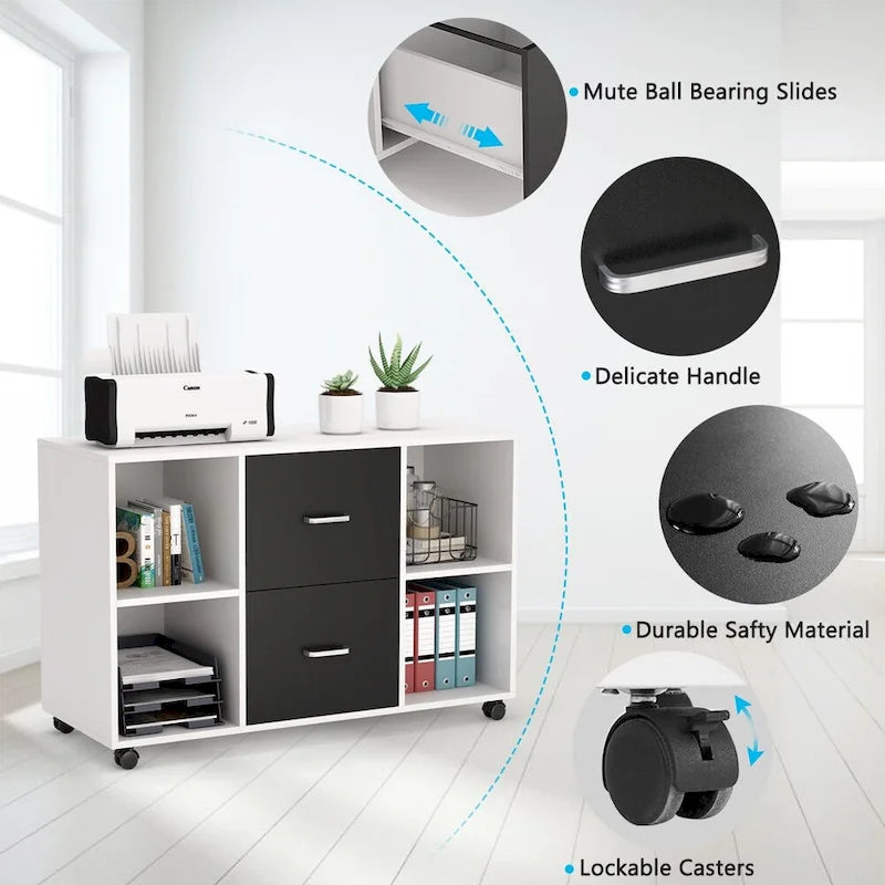 Mobile Lateral File Cabinet with 2 Drawers, Filing Cabinet Printer Stand