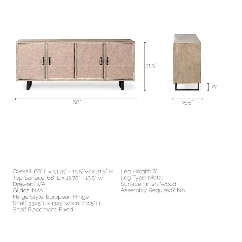 Bellefontaine II Brown Fir Veneer Frame w/ Fabric Covered Cabinet Doors Sideboard - 68.0L x 15.5W x 31.5H