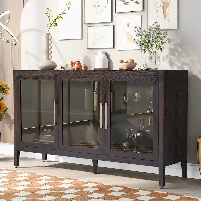 Wooden Storage Cabinet with 3 Tempered Glass Doors and Adjustable Shelf and Legs - 58.2L15.7W33.9H