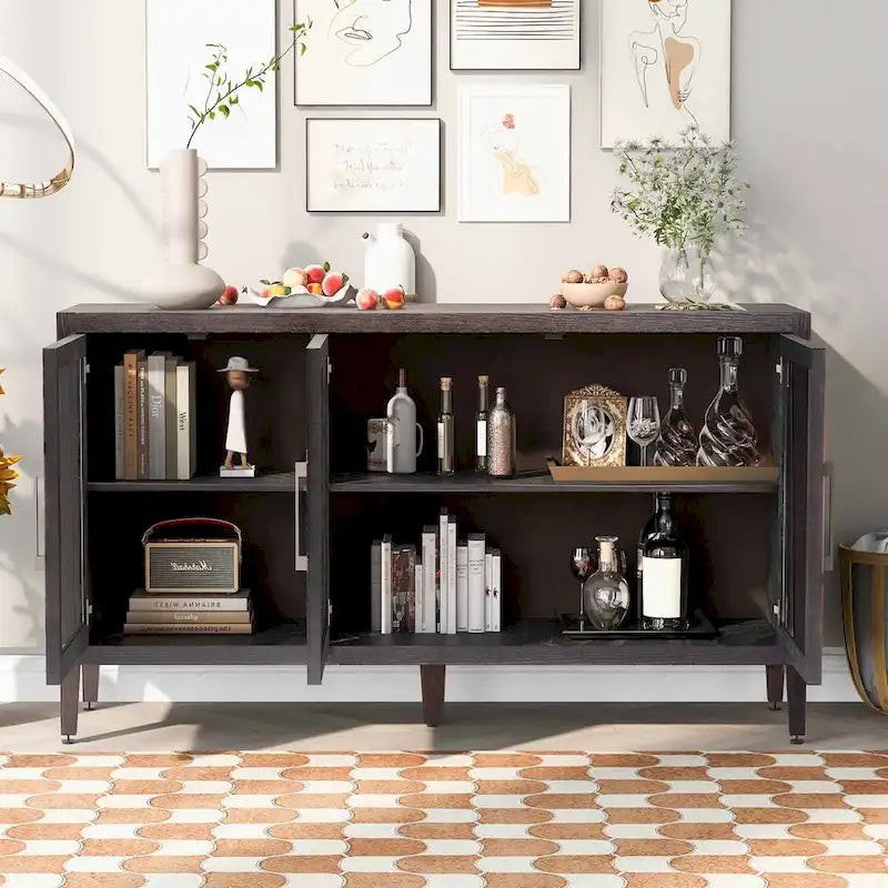 Wooden Storage Cabinet with 3 Tempered Glass Doors and Adjustable Shelf and Legs - 58.2L15.7W33.9H