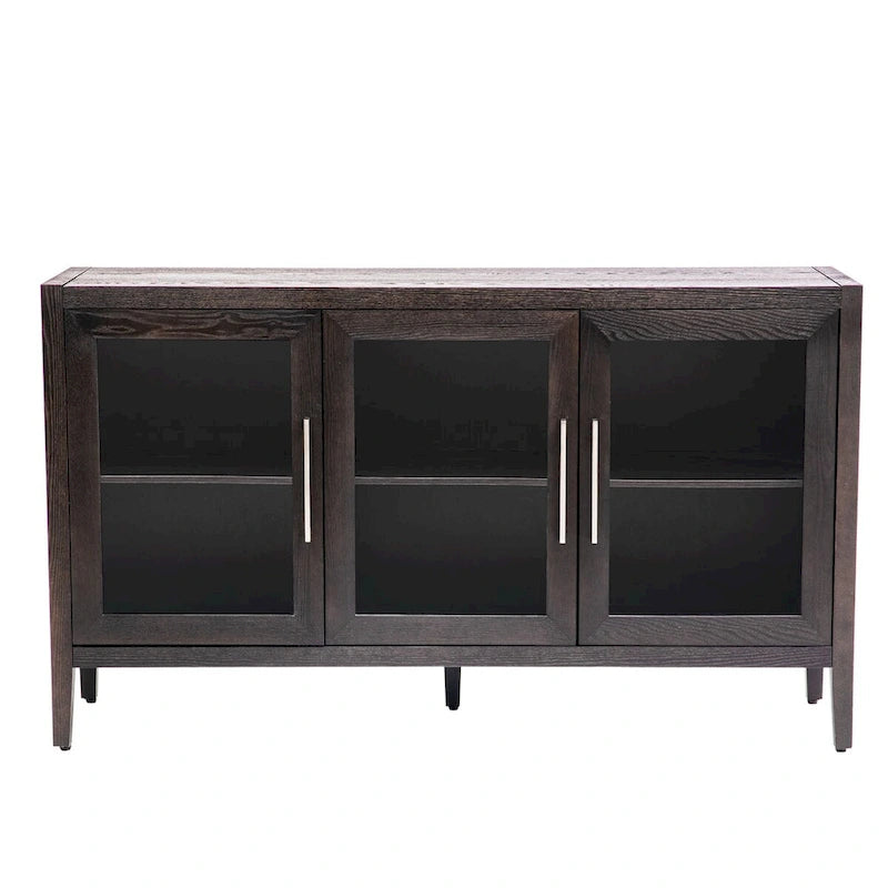 Wooden Storage Cabinet with 3 Tempered Glass Doors and Adjustable Shelf and Legs - 58.2L15.7W33.9H