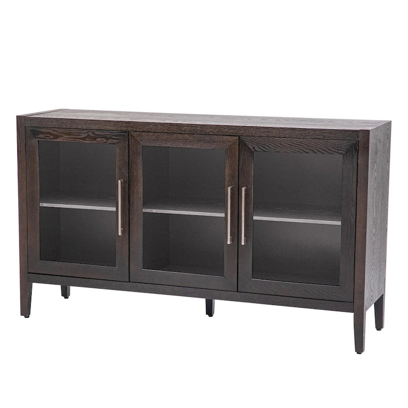 Wooden Storage Cabinet with 3 Tempered Glass Doors and Adjustable Shelf and Legs - 58.2L15.7W33.9H