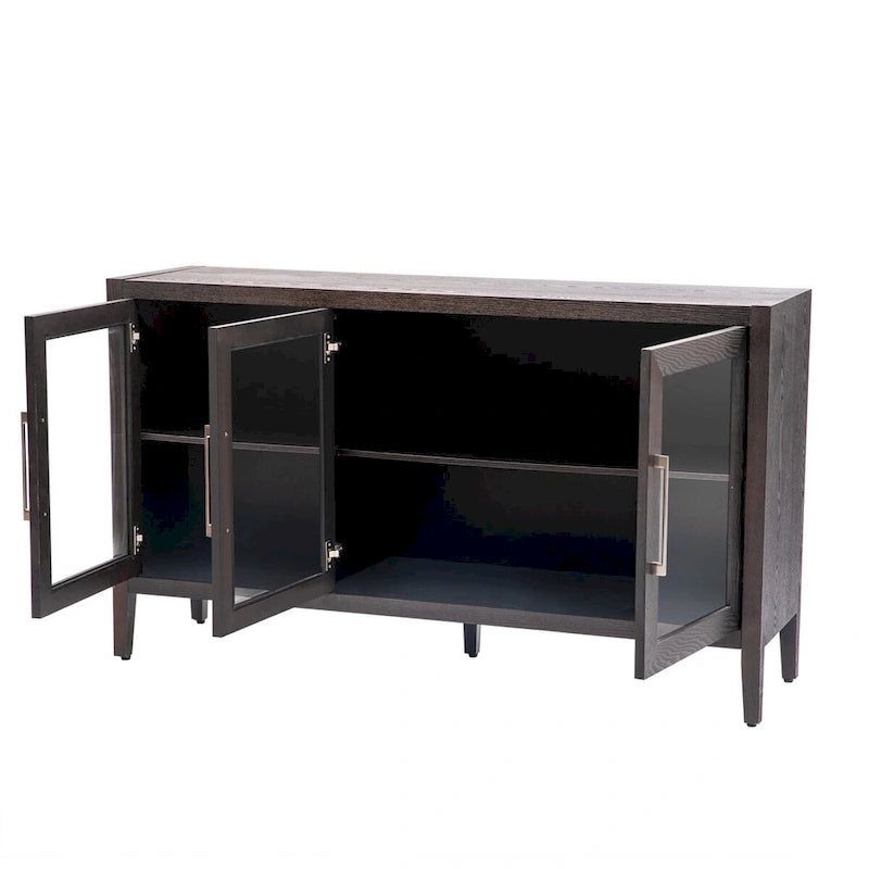 Wooden Storage Cabinet with 3 Tempered Glass Doors and Adjustable Shelf and Legs - 58.2L15.7W33.9H
