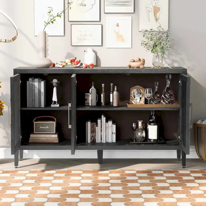 Wooden Storage Cabinet with 3 Tempered Glass Doors and Adjustable Shelf and Legs - 58.2L15.7W33.9H