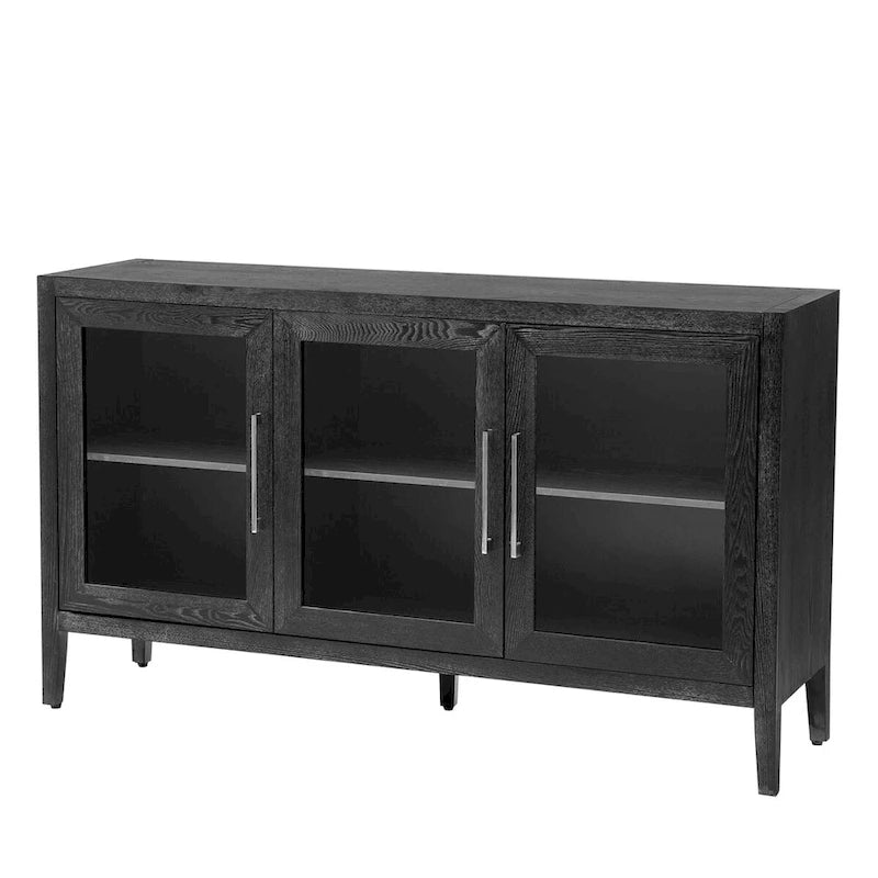 Wooden Storage Cabinet with 3 Tempered Glass Doors and Adjustable Shelf and Legs - 58.2L15.7W33.9H