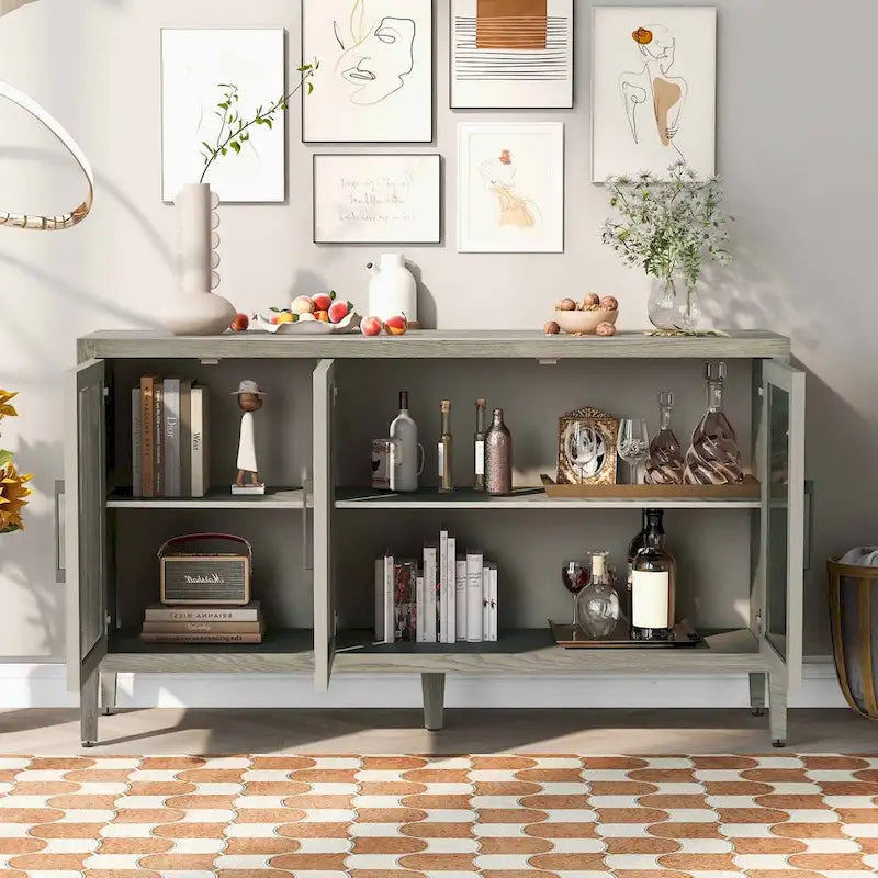 Wooden Storage Cabinet with 3 Tempered Glass Doors and Adjustable Shelf and Legs - 58.2L15.7W33.9H