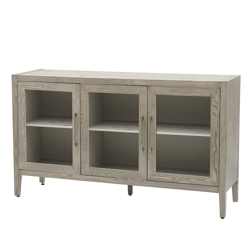 Wooden Storage Cabinet with 3 Tempered Glass Doors and Adjustable Shelf and Legs - 58.2L15.7W33.9H