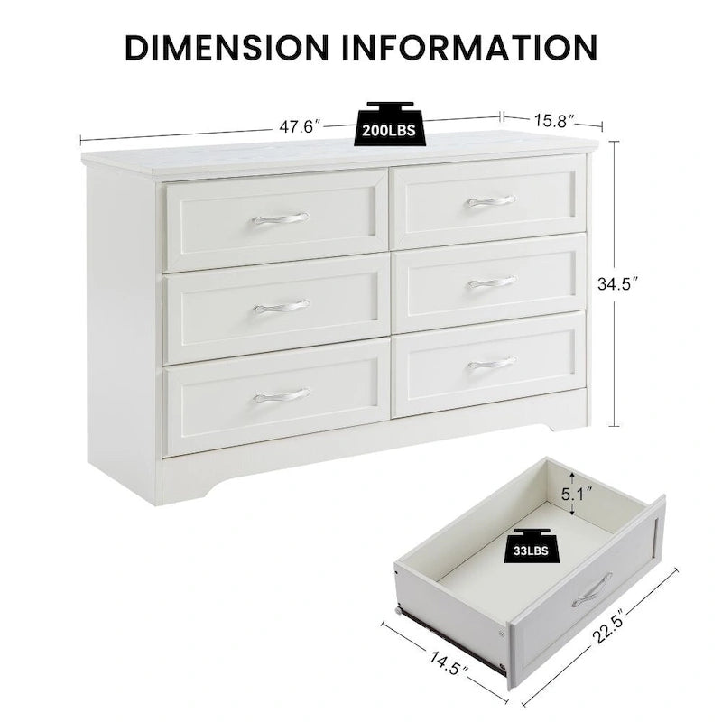 Modern 3 Drawer Bedroom Chest of Drawers with 6 Drawers Dresser, Clothes Organizer Metal Pulls