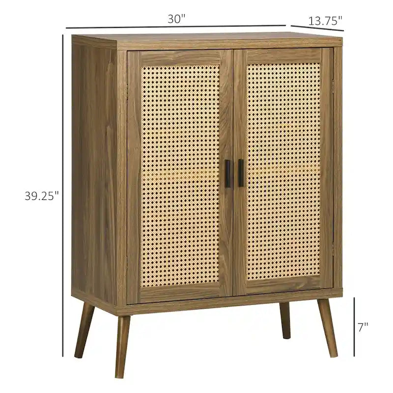 Wood Sideboard Buffet Cabinet with Rattan Doors and 3-Tier Shelves