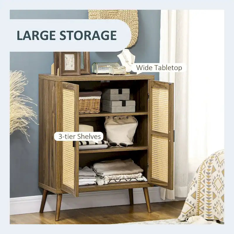 Wood Sideboard Buffet Cabinet with Rattan Doors and 3-Tier Shelves