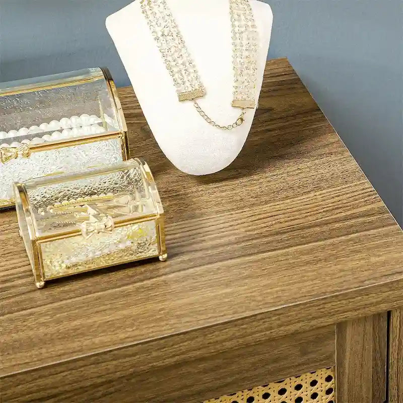 Wood Sideboard Buffet Cabinet with Rattan Doors and 3-Tier Shelves