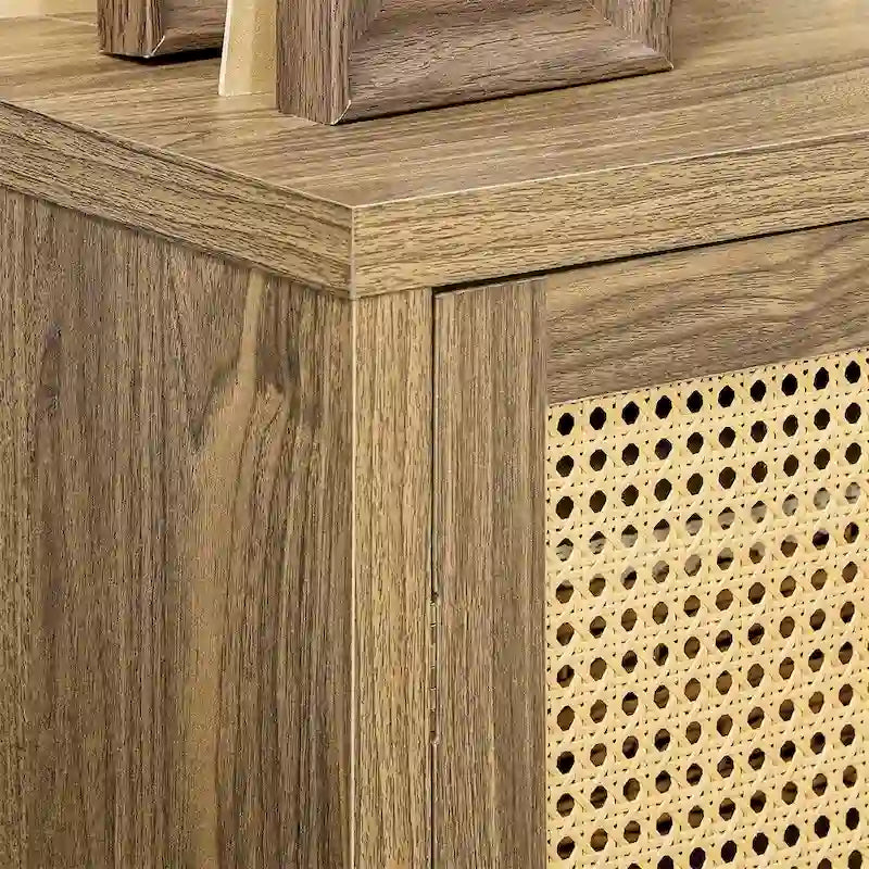 Wood Sideboard Buffet Cabinet with Rattan Doors and 3-Tier Shelves