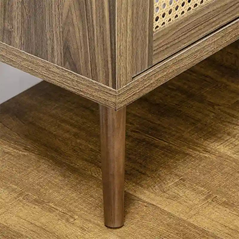 Wood Sideboard Buffet Cabinet with Rattan Doors and 3-Tier Shelves