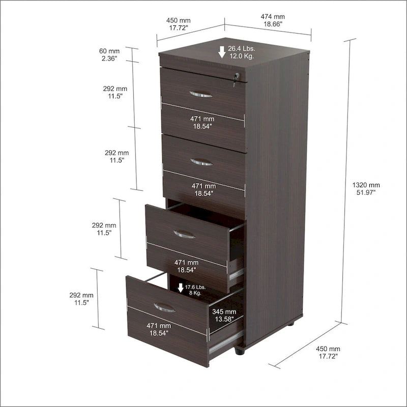HomeRoots 52 Espresso Melamine and Engineered Wood File Cabinet with 4 Drawers
