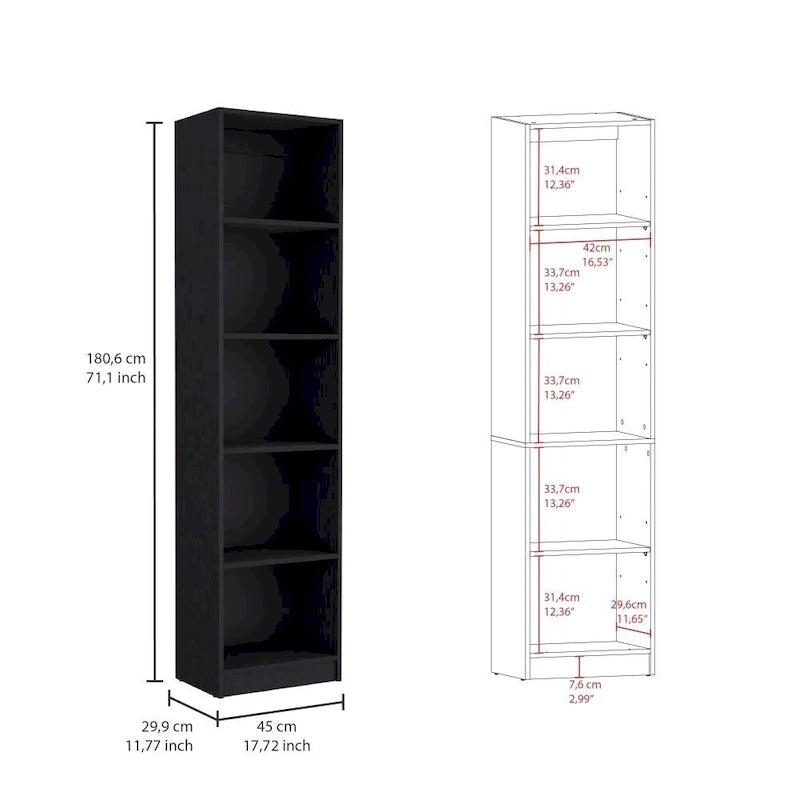 Home Xs Bookcase with 5-Tier Shelves and Slim Design -Black -Office