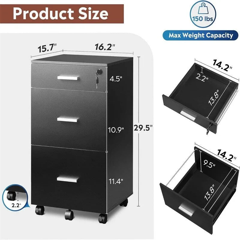 3 Drawer Rolling File Cabinet with Lock - 16D x 15.7W x 30.7H