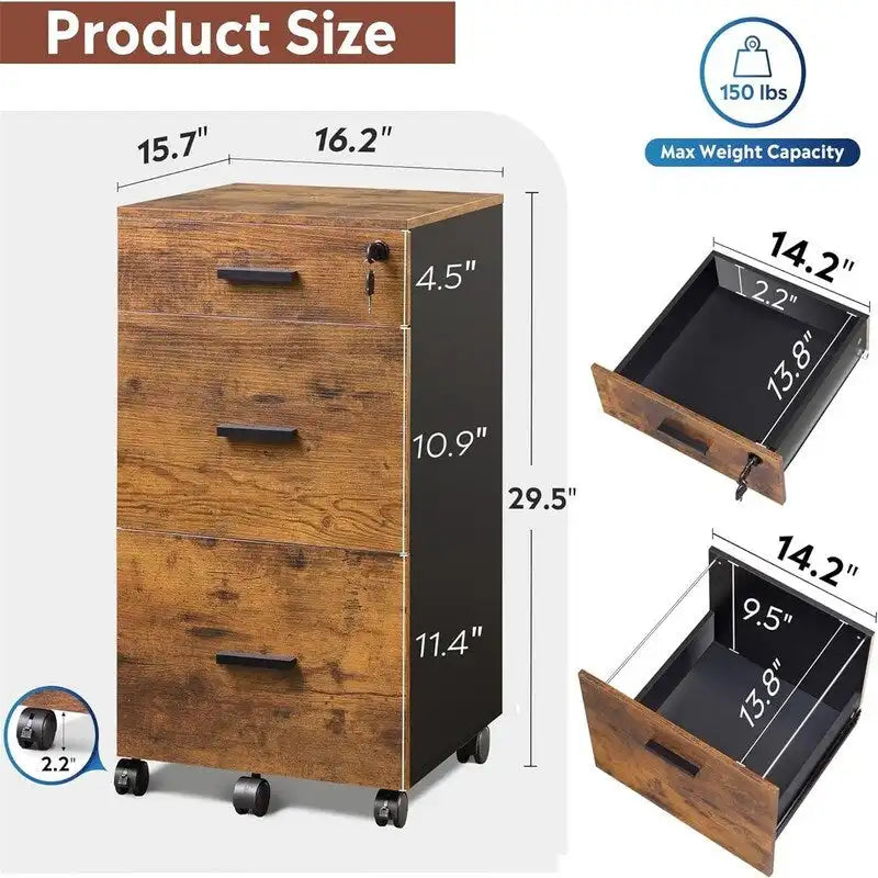 3 Drawer Rolling File Cabinet with Lock - 16D x 15.7W x 30.7H