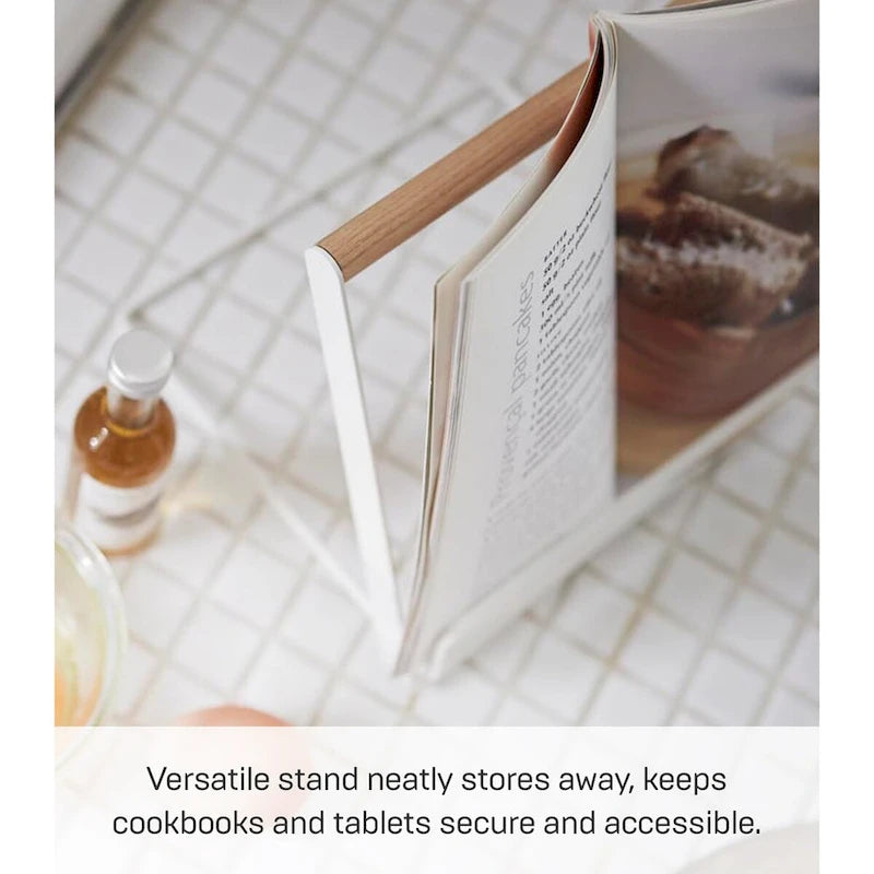 Yamazaki Home Tablet and Cookbook Stand, Steel and Wood, Holds 4.4 lbs - L 7.28 x W 7.68 x H 7.87 inches
