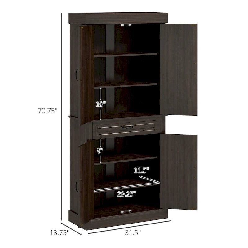 71 Freestanding Kitchen Pantry with 4 Doors and 2 Large Cabinets, Tall Storage Cabinet with Wide Drawer for Dining Room, Coffee