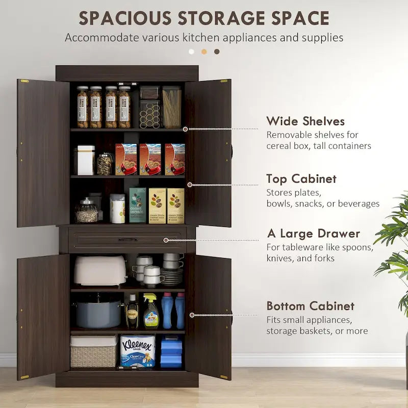 71 Freestanding Kitchen Pantry with 4 Doors and 2 Large Cabinets, Tall Storage Cabinet with Wide Drawer for Dining Room, Coffee