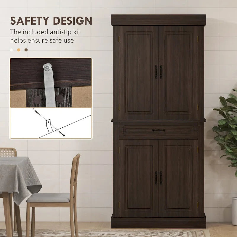 71 Freestanding Kitchen Pantry with 4 Doors and 2 Large Cabinets, Tall Storage Cabinet with Wide Drawer for Dining Room, Coffee
