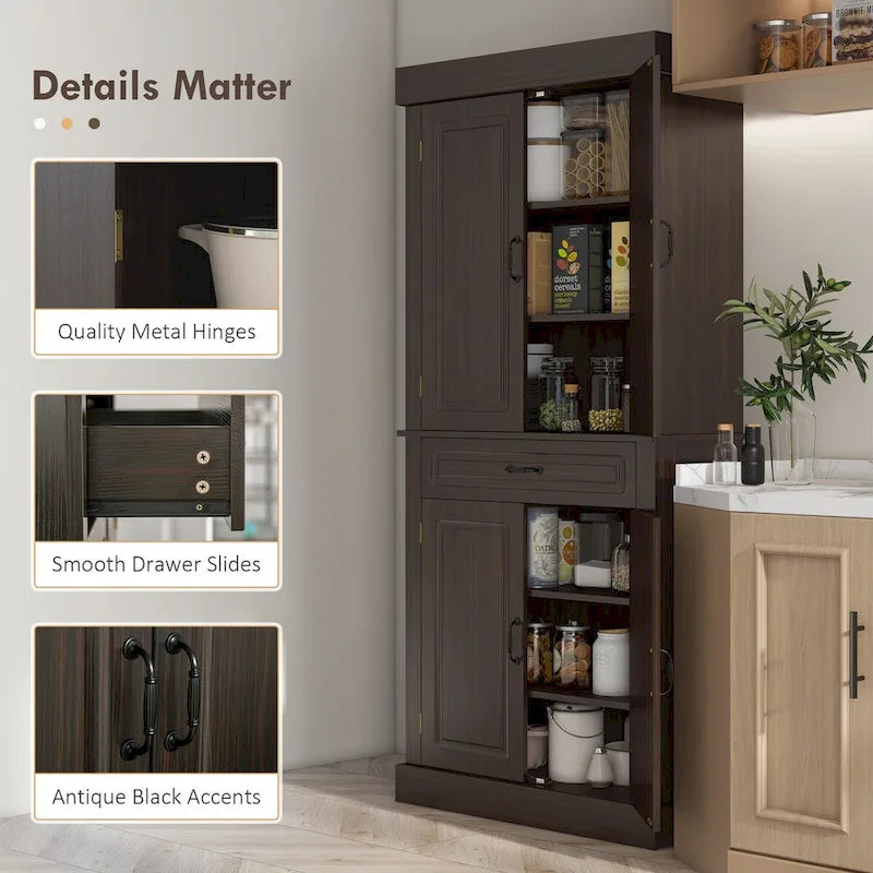 71 Freestanding Kitchen Pantry with 4 Doors and 2 Large Cabinets, Tall Storage Cabinet with Wide Drawer for Dining Room, Coffee