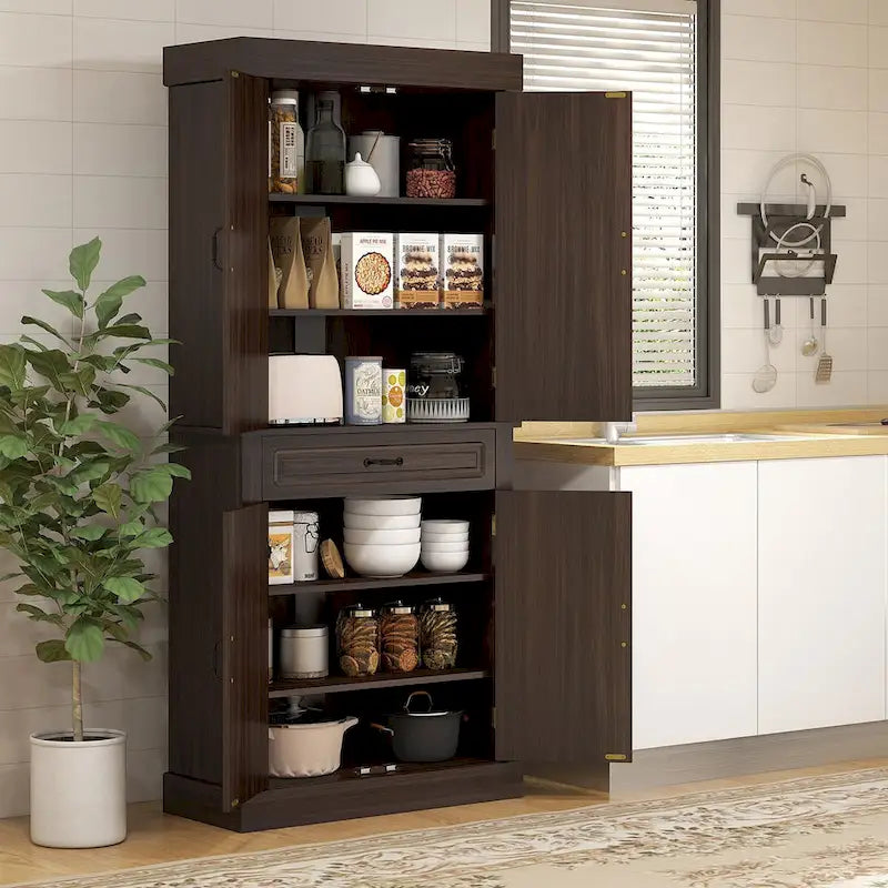 71 Freestanding Kitchen Pantry with 4 Doors and 2 Large Cabinets, Tall Storage Cabinet with Wide Drawer for Dining Room, Coffee
