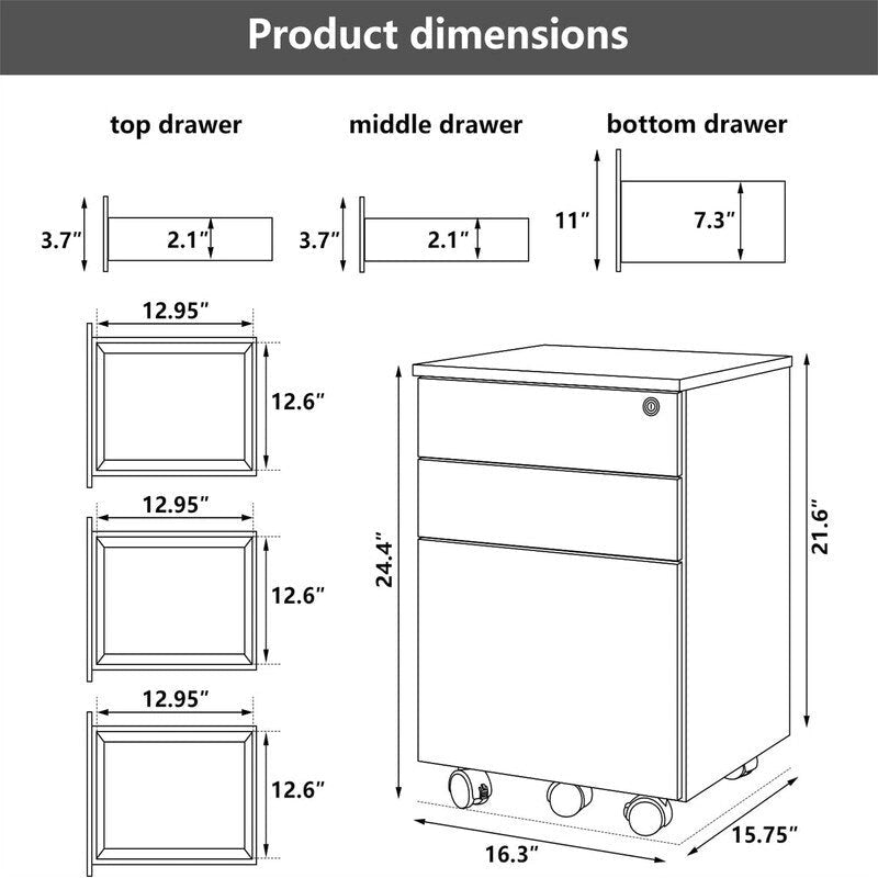 3 Drawers Wood Mobile File Cabinet - 15.7D x 16.3W x 24.4H