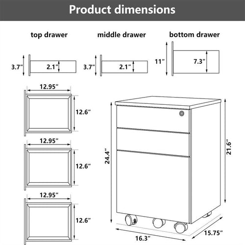 3 Drawers Wood Mobile File Cabinet - 15.7D x 16.3W x 24.4H